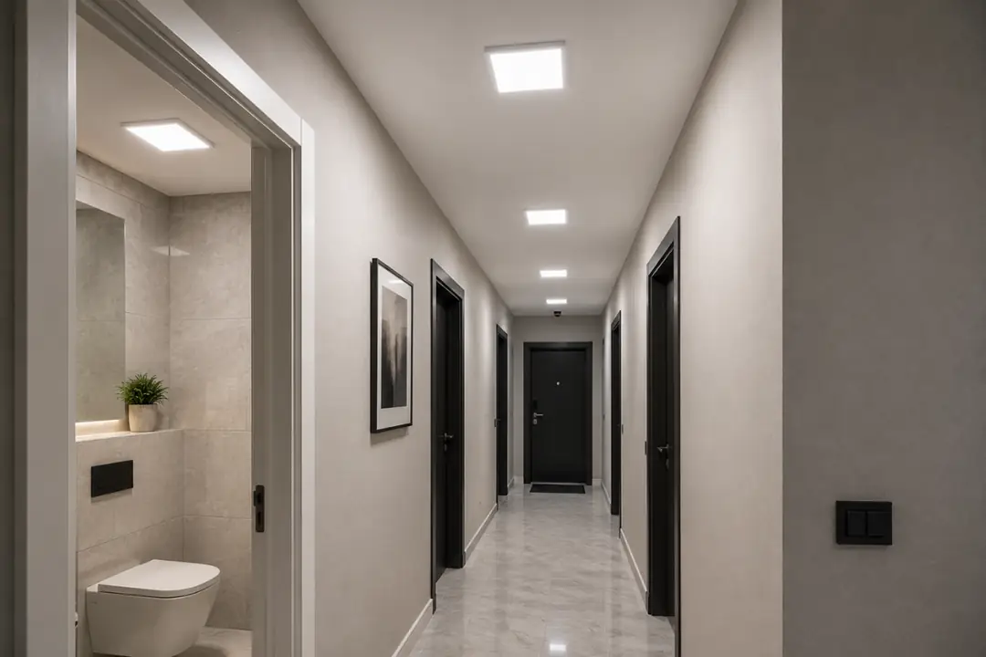 İstanbul ofis koridorunda uygulanmış 30x30 LED panel aydınlatma sistemi&nbsp;