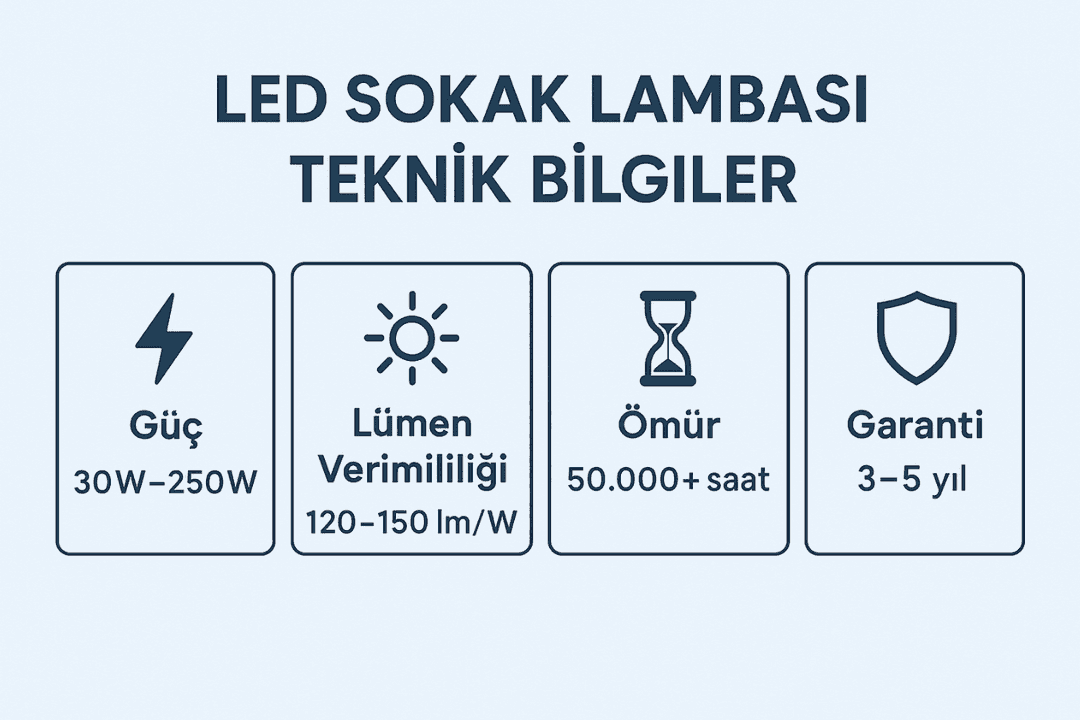 LED sokak lambası teknik bilgiler: watt aralığı, lümen, ömür, IP sınıfı ve garanti. 