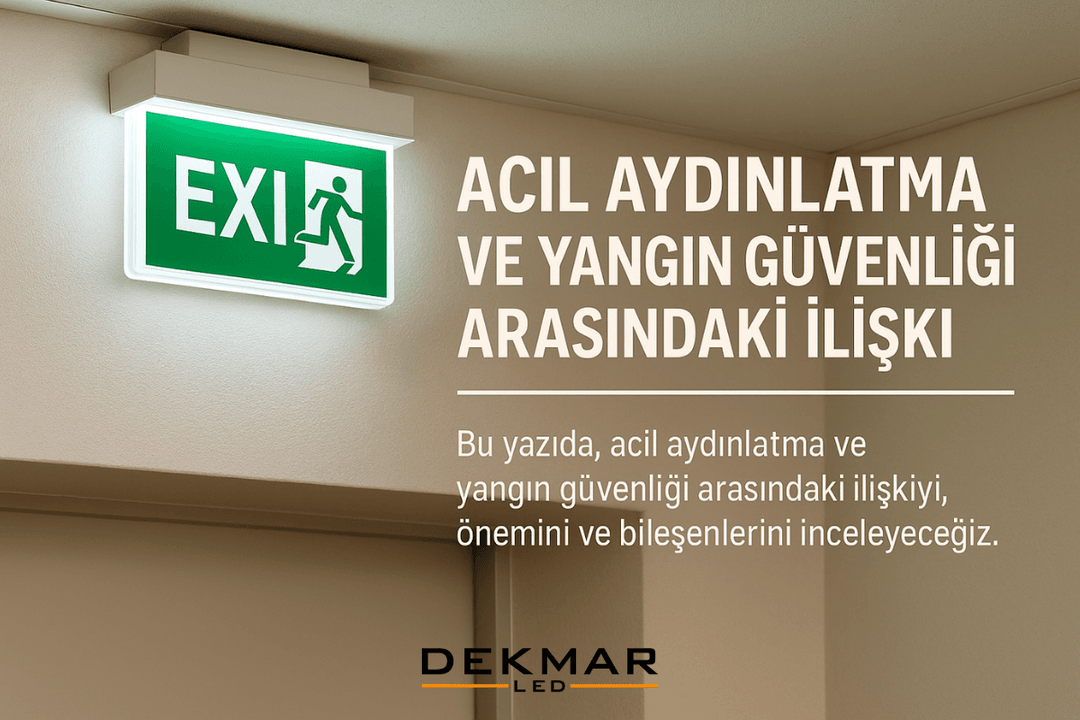 Acil aydınlatma sistemleri ile yangın güvenliği arasındaki ilişkiyi gösteren yön levhalı LED çıkış armatürü görseli. 