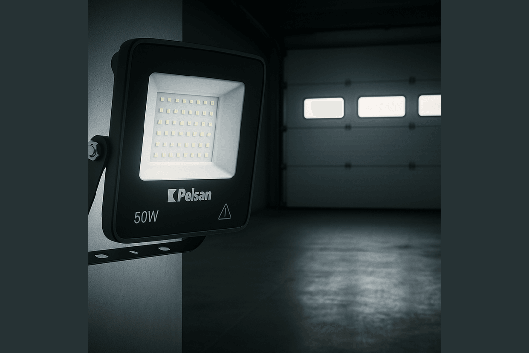Pelsan 50W LED projektör, garaj kapısı önünde yüksek ışık gücüyle güvenli ve verimli aydınlatma sağlayan dış mekan armatürüdür. 
