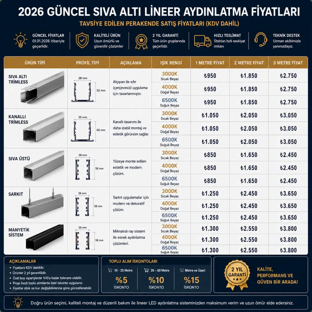 2026 sıva altı lineer aydınlatma metre fiyatları tablosu&nbsp;