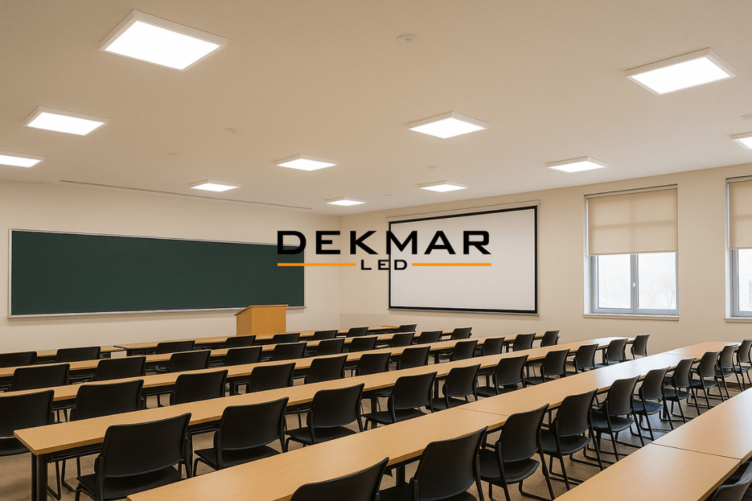 Modern derslik tavanına entegre edilmiş 60x60 panel LED aydınlatma sistemi, homojen ışık dağılımı sunar. 
