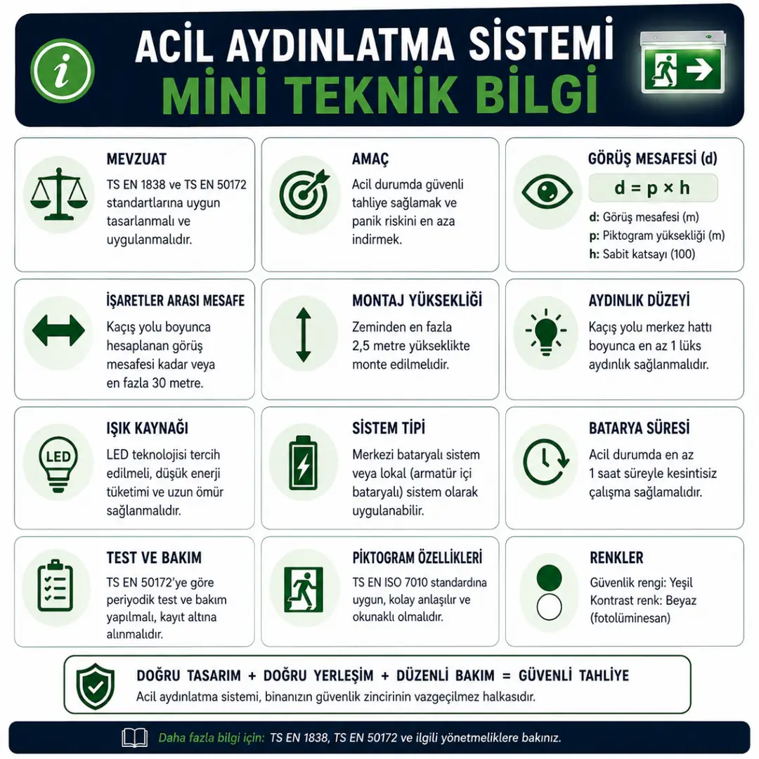 Acil aydınlatma yerleşimi teknik bilgi tablosu