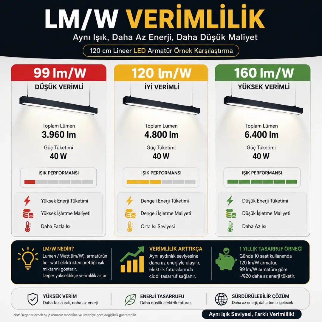 LED armatür lm watt verimlilik karşılaştırması&nbsp;