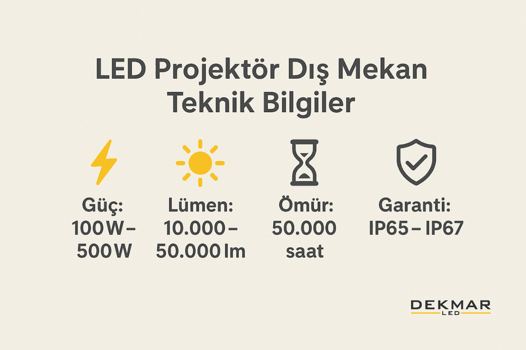 LED projektör dış mekan teknik bilgiler – watt, lümen, ömür, IP koruma sınıfı ve garanti. 