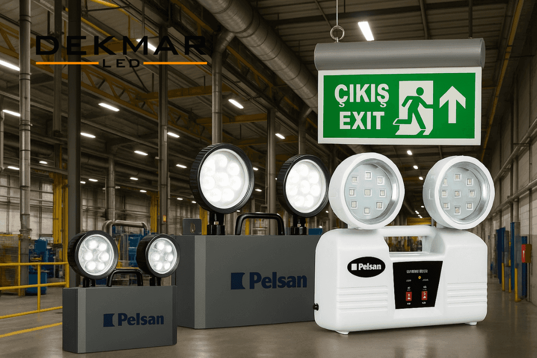Pelsan acil durum aydınlatmaları fabrika uygulaması: LED projektörlü armatürler ve EXIT tabelası ile profesyonel çözüm, Dekmar LED. 