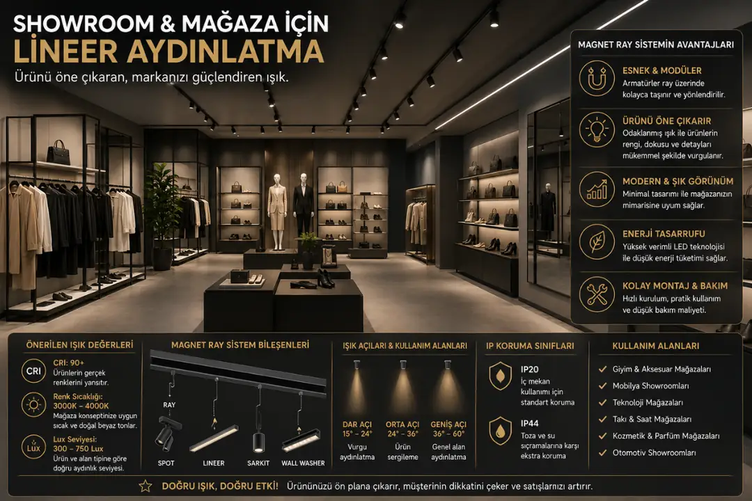 Showroom için magnet ray lineer aydınlatma sistemi&nbsp;