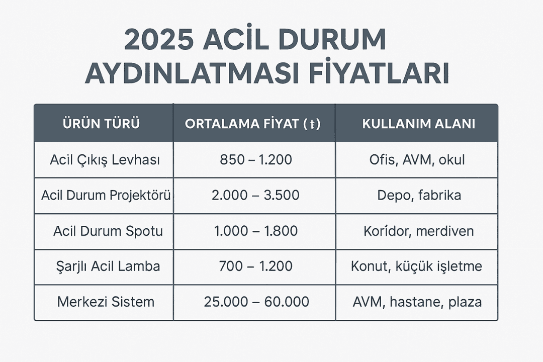 2025 acil durum aydınlatması fiyat tablosu: acil çıkış levhası, projektör, spot, şarjlı lamba ve merkezi sistem fiyatları. 