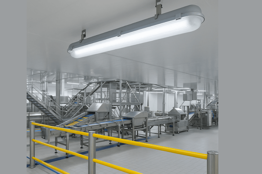 Pelsan Etanj LED armatür ile aydınlatılmış hijyenik gıda üretim tesisi, paslanmaz bariyerli ve modern ekipmanlı ortam. 