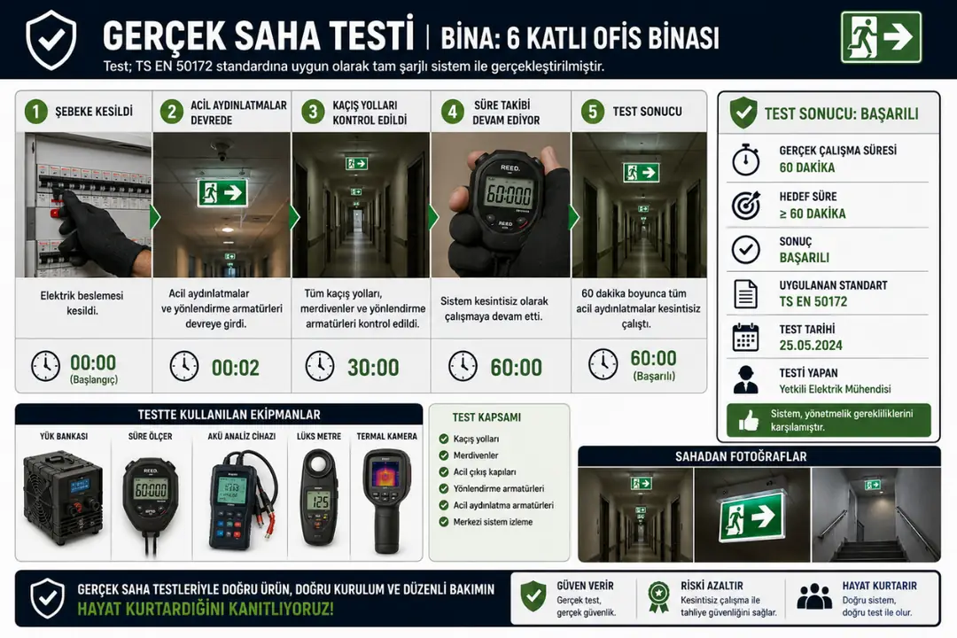 Acil aydınlatma sisteminde süre testi uygulaması&nbsp;