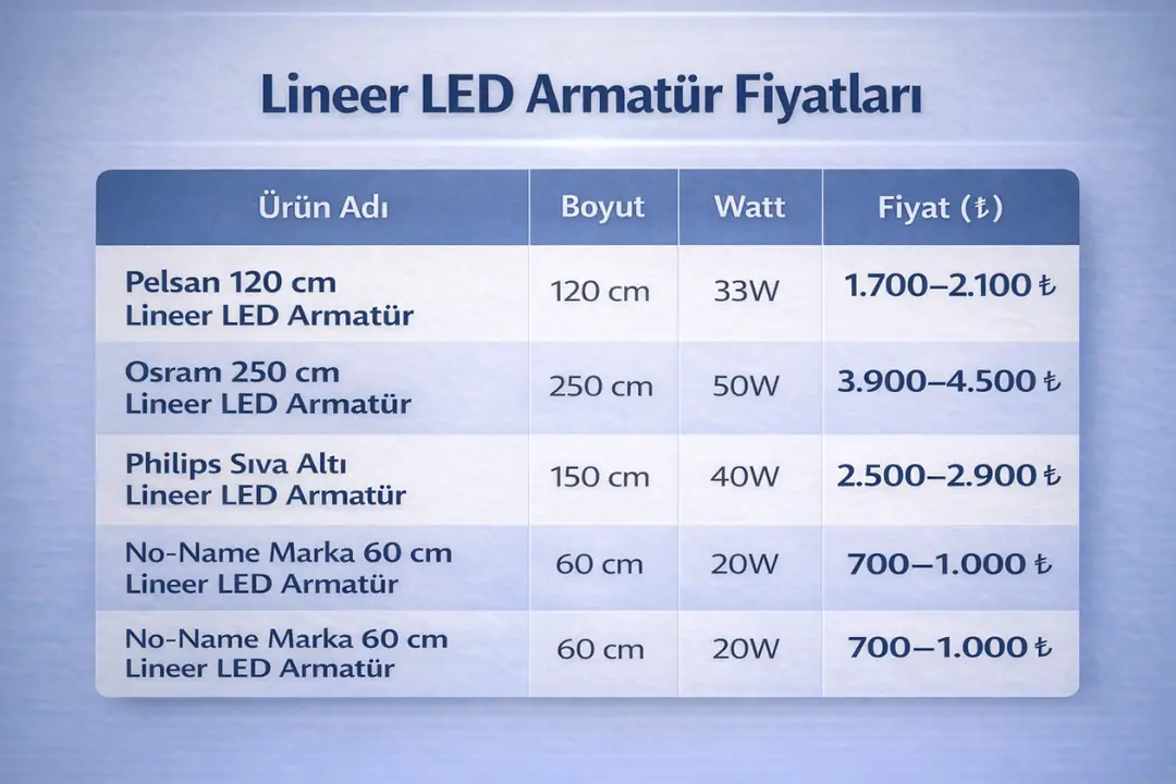 Lineer LED armatür fiyat tablosu&nbsp;