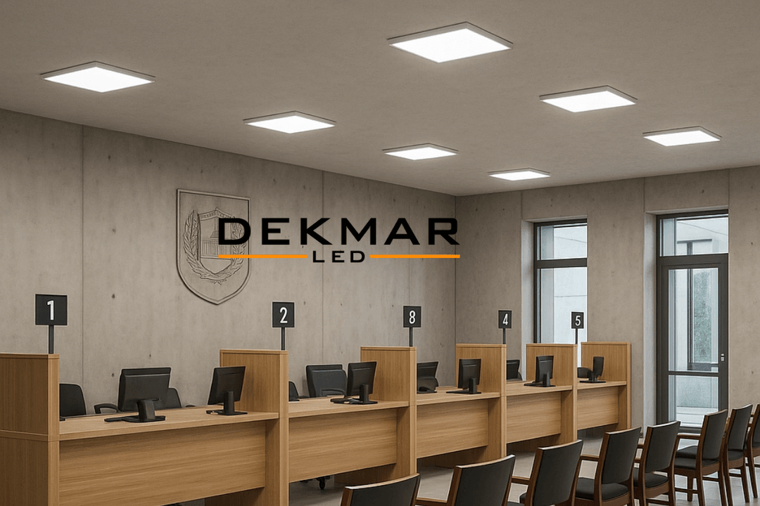 Belediye hizmet alanında beton tavana monte edilen Pelsan 60x60 sıva üstü LED paneller ile güçlü ve homojen aydınlatma sağlanır. 