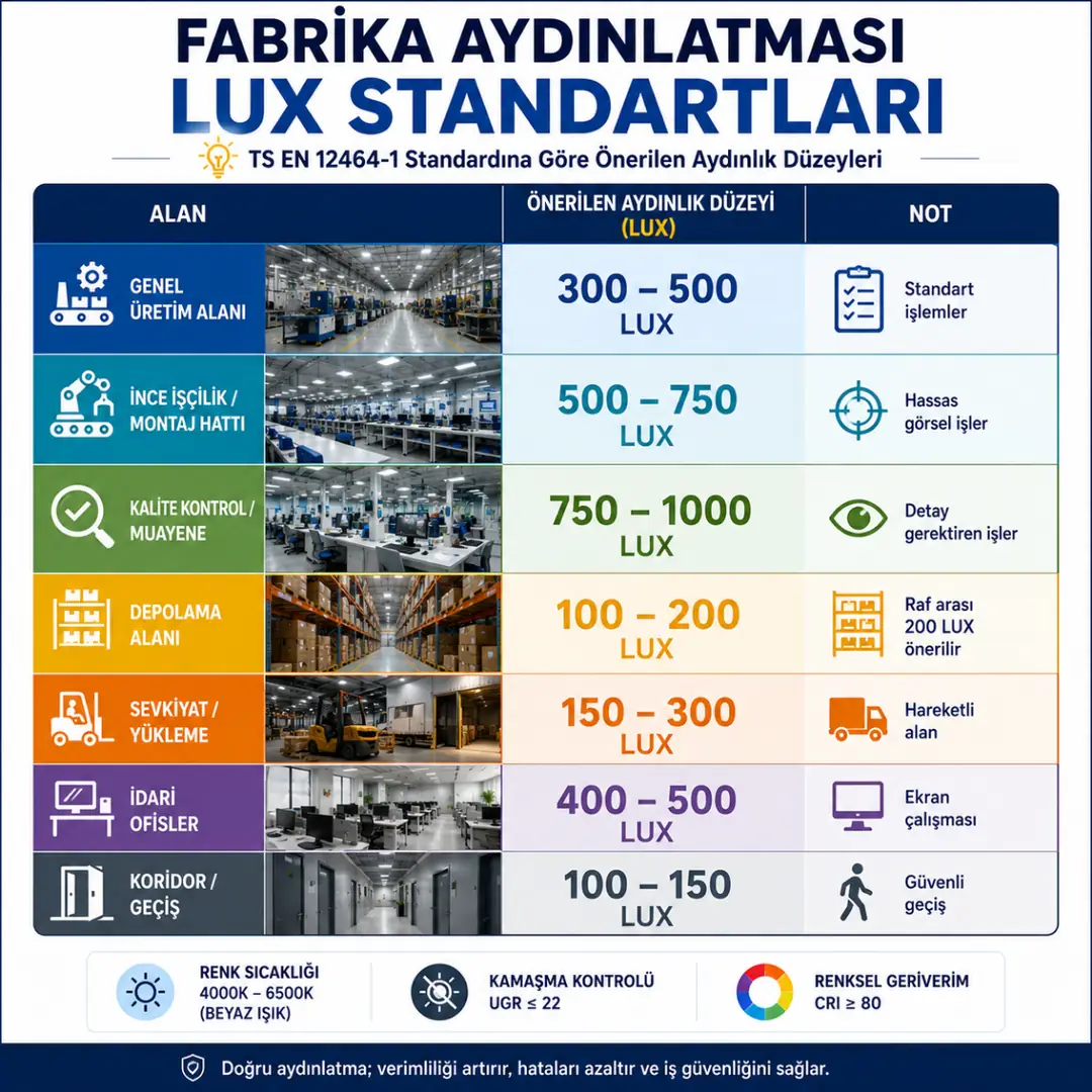 Fabrika alanlarına göre önerilen aydınlatma lüks değerleri&nbsp;