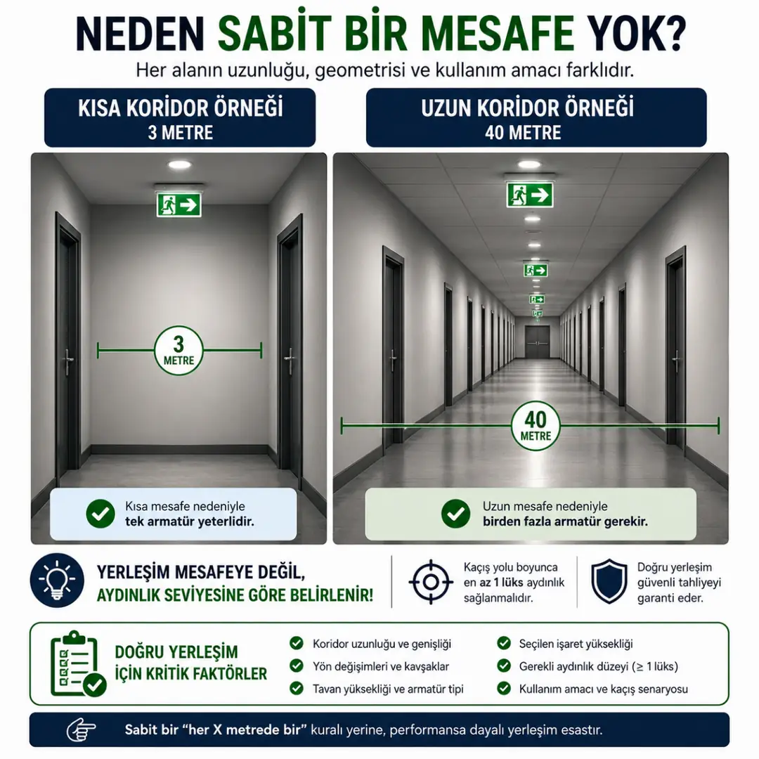 Koridor uzunluğuna göre acil aydınlatma yerleşimi&nbsp;
