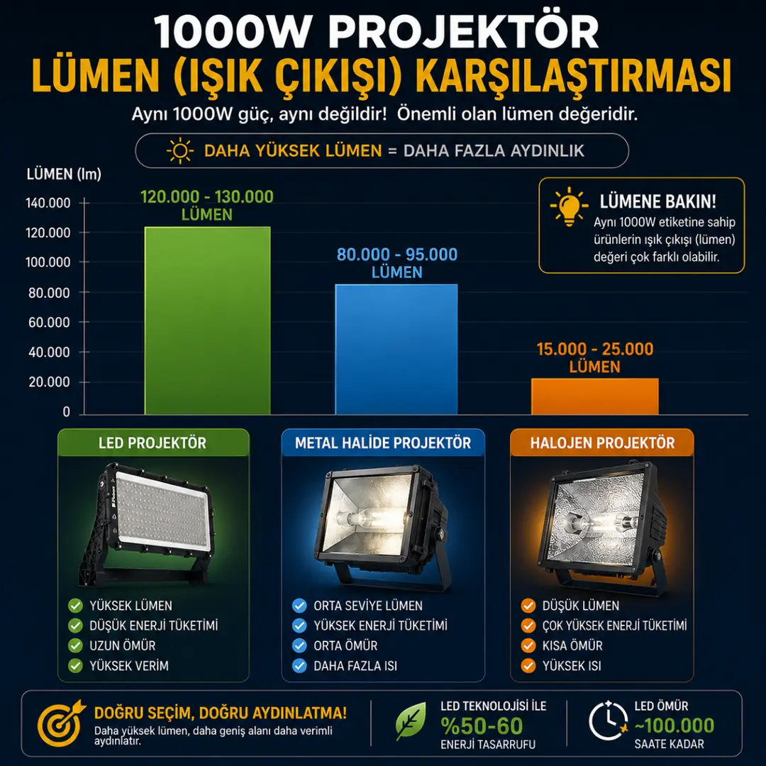 1000W projektör lümen karşılaştırma grafiği&nbsp;