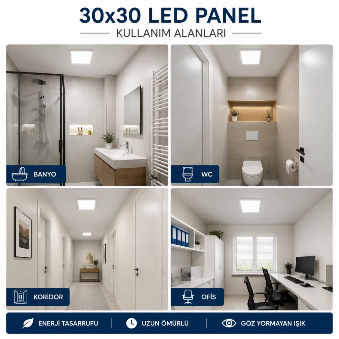30x30 kare LED panelin banyo WC koridor ve ofis kullanım alanları&nbsp;
