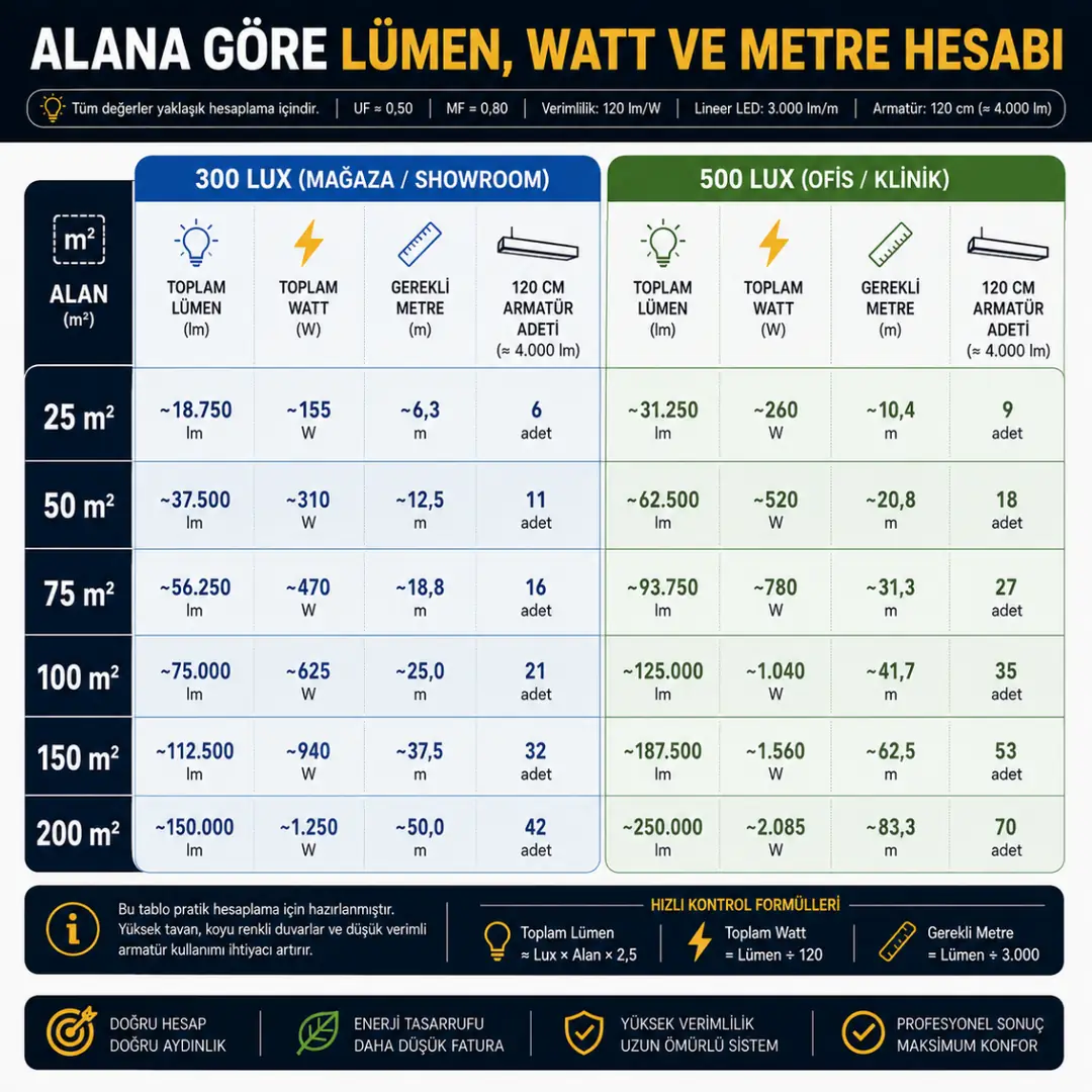 Lineer aydınlatma lümen watt metre hesap tablosu&nbsp;