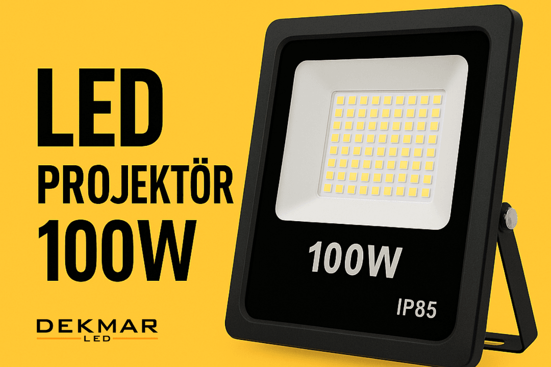 LED Projektör 100W, sarı arka plan üzerinde ürün tanıtımı için tasarlanmış dikkat çekici afiş formatında sunulmuştur.