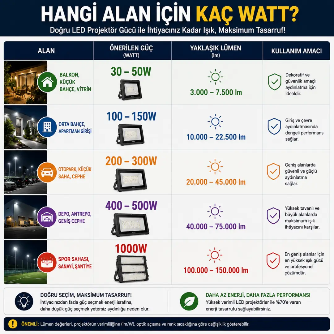 LED projektör watt ve lümen seçim tablosu&nbsp;