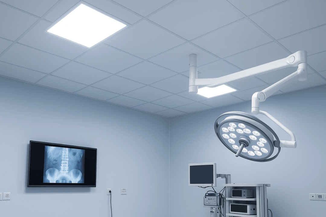 Ameliyathane tavanında kullanılan 60x60 LED panel aydınlatmalar, güçlü ışık verimiyle operasyon alanında net görüş sağlar. 
