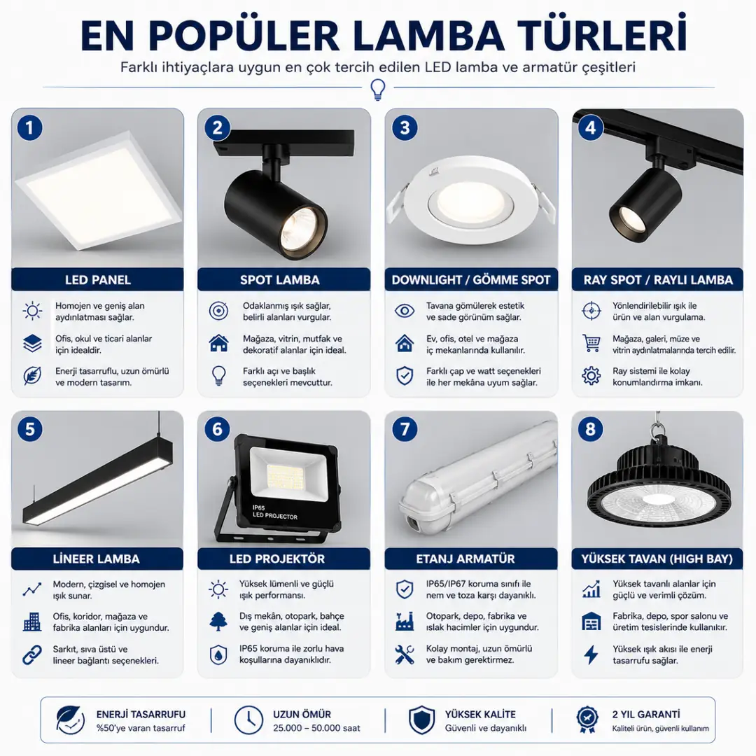 En çok kullanılan LED panel, spot, lineer ve projektör lamba çeşitleri&nbsp;