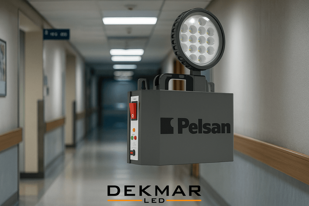 Hastane koridorunda kullanılan şarjlı acil aydınlatma sistemi, Pelsan marka LED projektör ile güvenli tahliye desteği sağlar. 