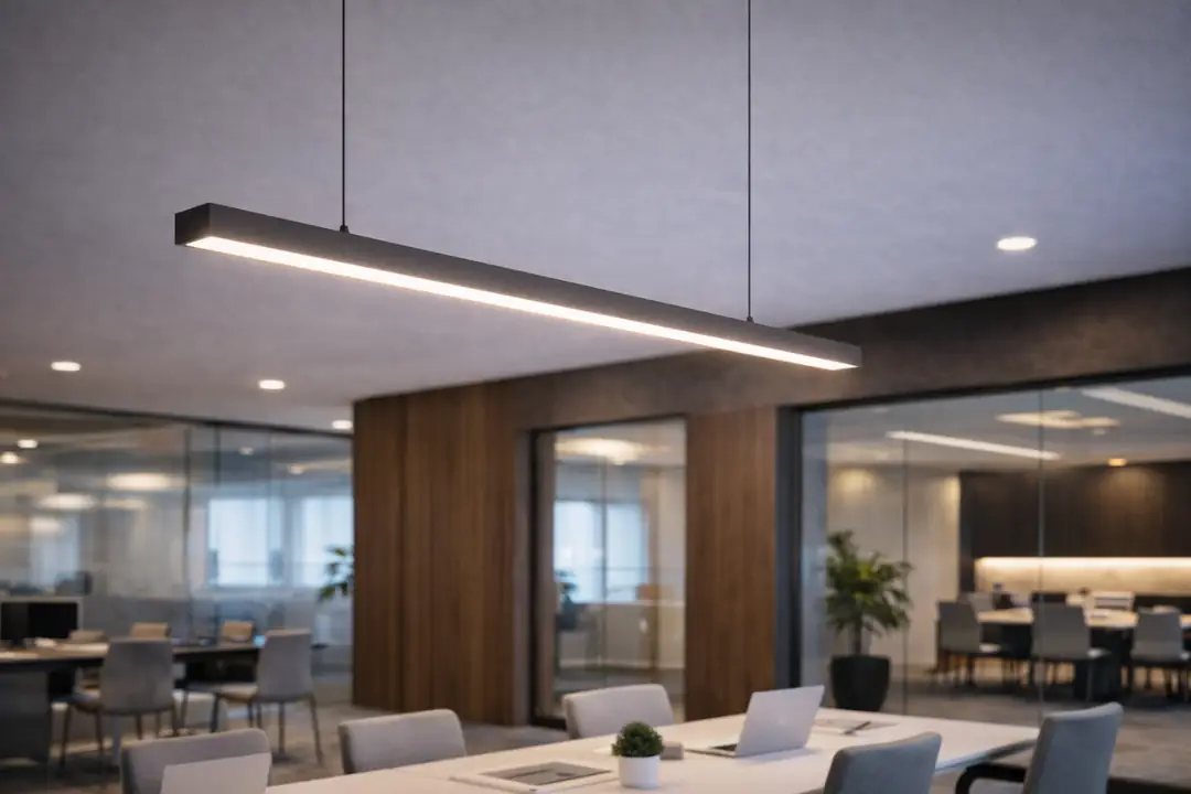 Açık ofis alanında masa üzerinde kullanılan, dengeli ışık dağılımı sağlayan modern sarkıt lineer aydınlatma sistemi&nbsp;