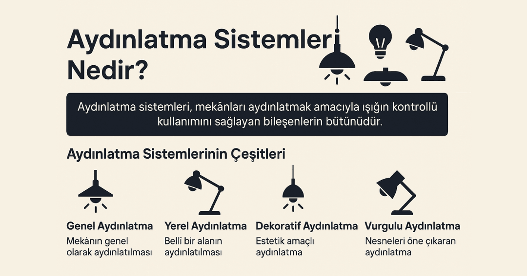 Genel, yerel, dekoratif ve vurgulu aydınlatma sistemlerinin türleri ve kullanım alanları sade bir grafikle anlatılıyor. 