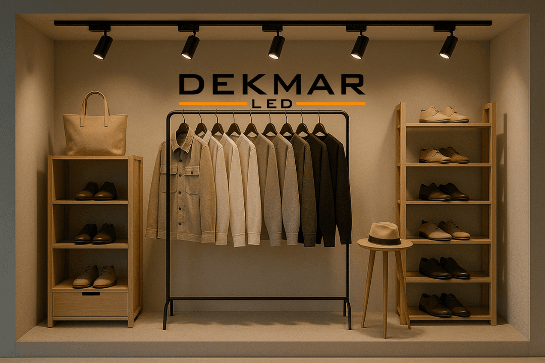 Ray spot aydınlatmalı vitrin tasarımı; ayakkabı, gömlek, çanta ve şapka kombinleriyle modern butik sunumu sergileniyor. 
