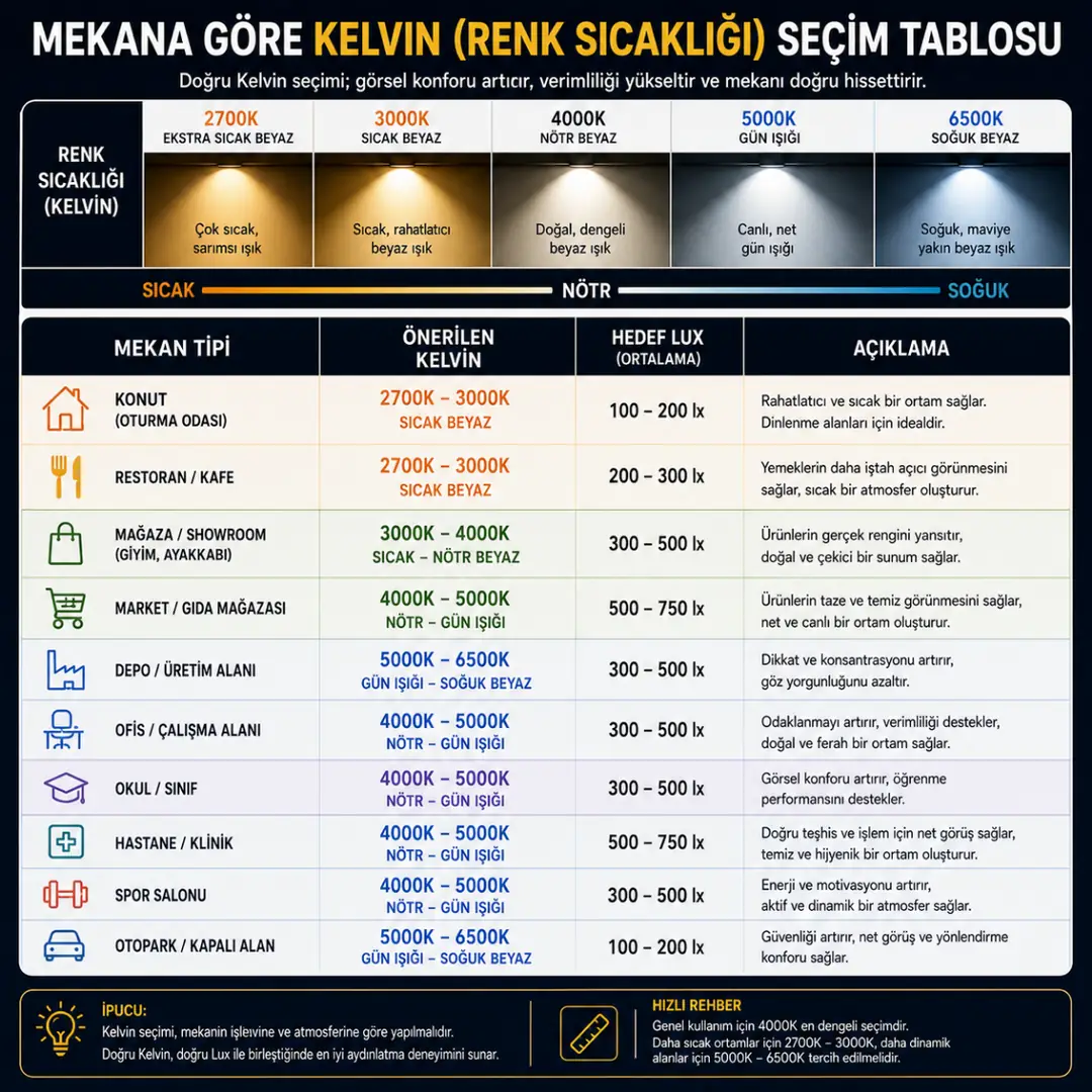 Mekana göre kelvin ve lux seçimi&nbsp;
