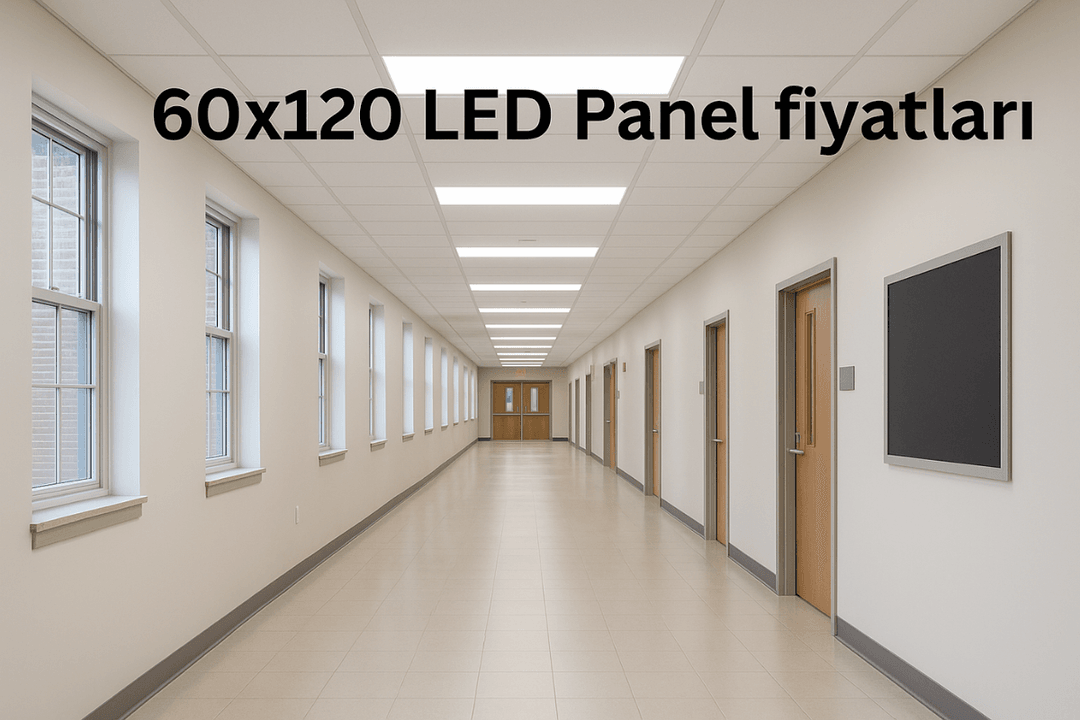 Üniversite koridorunda tavana entegre 60x120 LED paneller ile sağlanan homojen ve modern aydınlatma sistemi örneği. 
