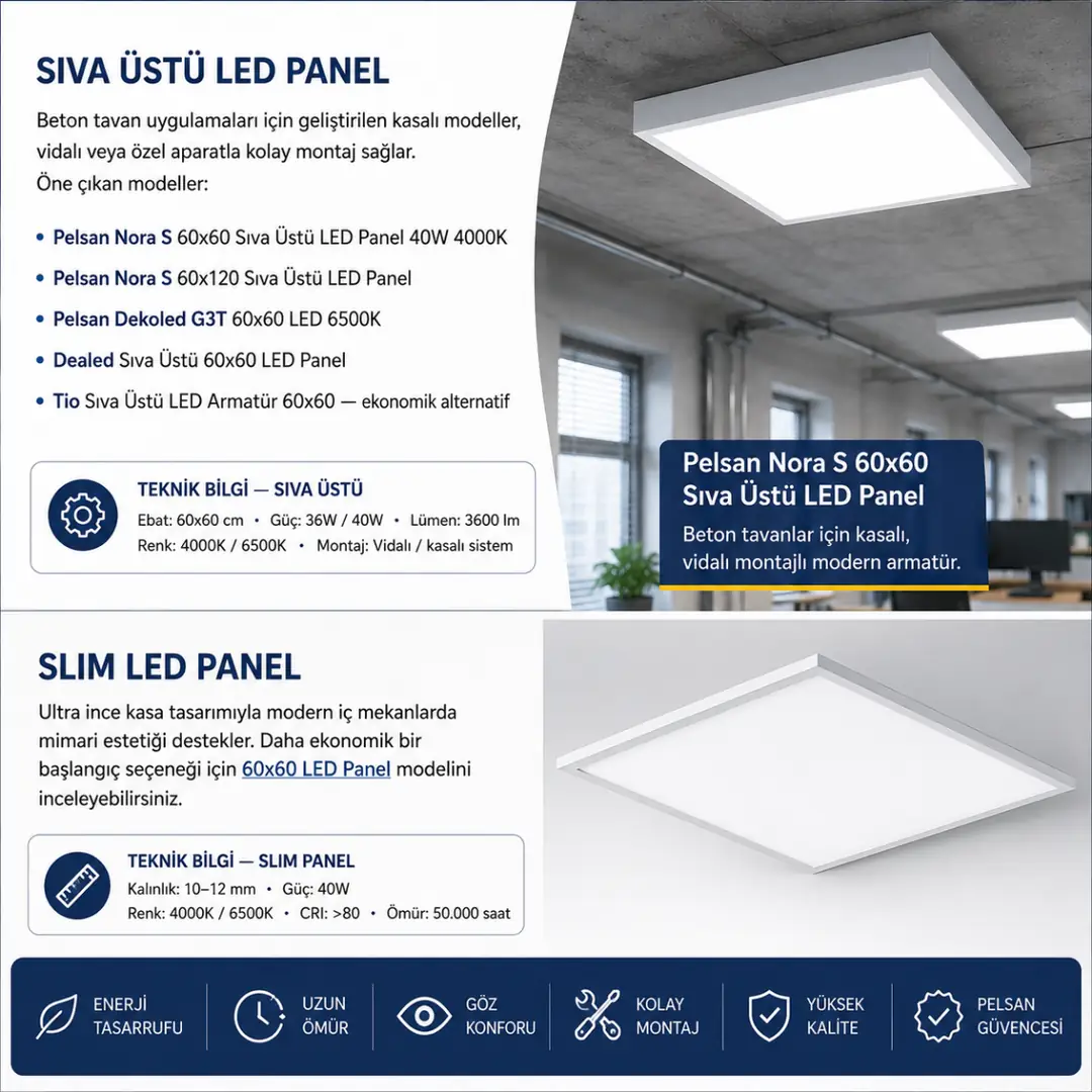 Pelsan Nora S 60x60 sıva üstü LED panel; beton tavanlar için kasalı, vidalı montajlı modern armatür ve homojen aydınlatma çözümü.&nbsp;