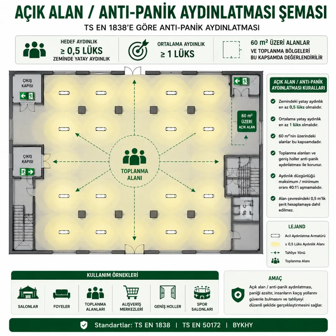Açık alan ve anti panik aydınlatması için 0,5 lüks dağılım örneği