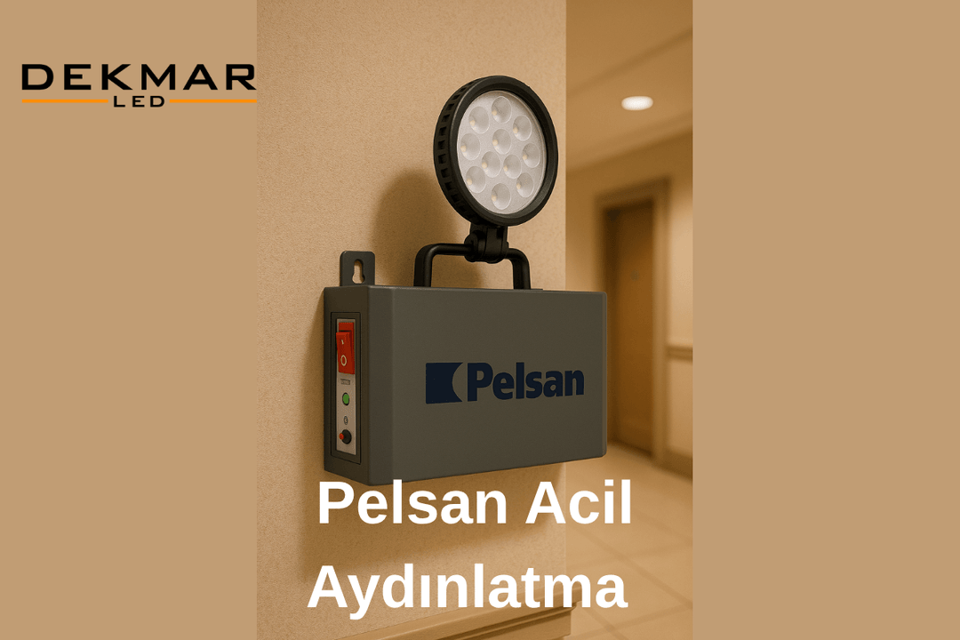 Pelsan marka acil aydınlatma armatürü, otel veya hastane koridorunda duvara monte edilmiş şekilde görsellenmiştir. 