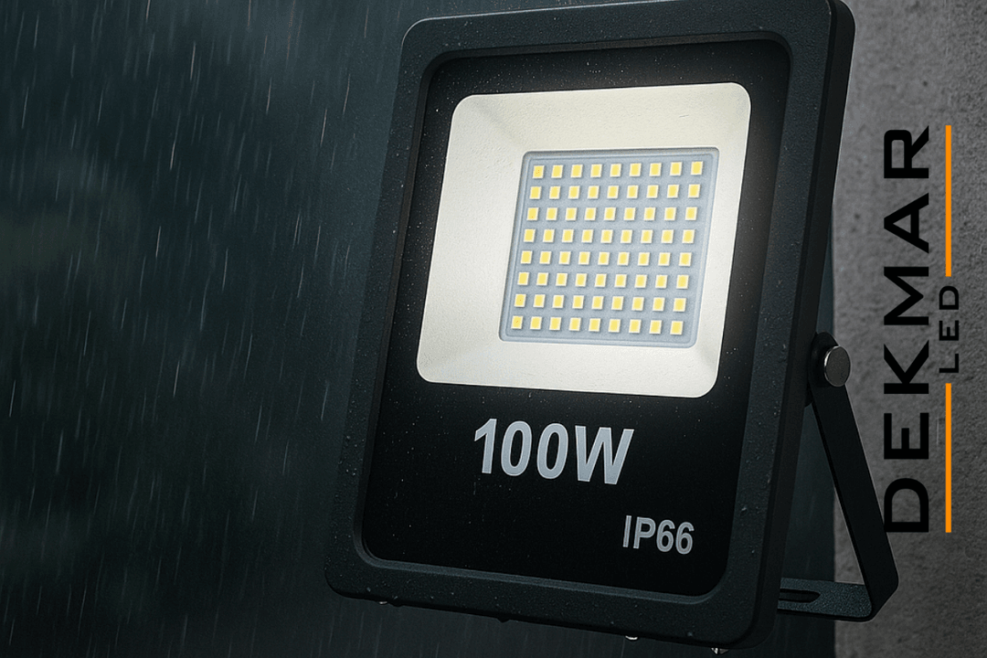 Braketli montajlı 100W LED Projektör, IP66 korumasıyla dış mekanda sağanak yağışa rağmen parlak ışık sunar. 