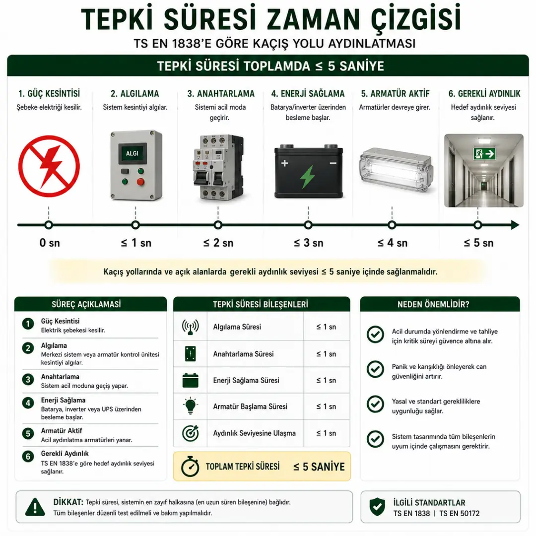 Acil aydınlatma sistemlerinde tepki süresi ve çalışma süresi grafiği&nbsp;
