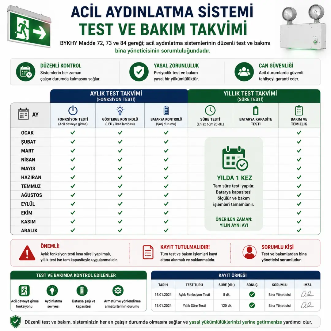 Acil aydınlatma sistemleri için bakım ve test takvimi&nbsp;