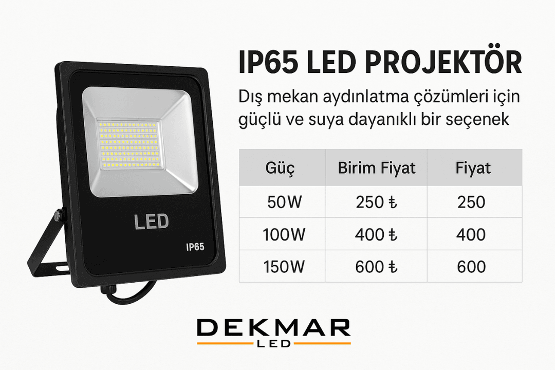 IP65 LED projektör dış mekânda yağmura karşı güçlü ışık performansı sunar. Suya ve toza dayanıklı yapısıyla öne çıkar. 