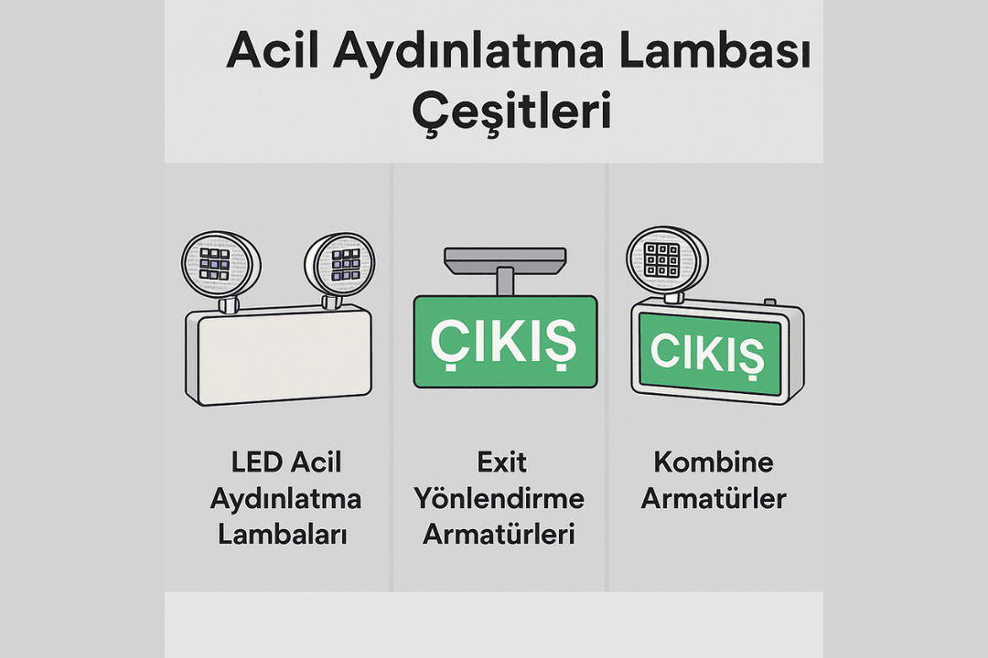 Acil aydınlatma lambası çeşitleri: LED lambalar, exit yönlendirme armatürleri ve kombine acil aydınlatma sistemleri görsel tanıtımı. 