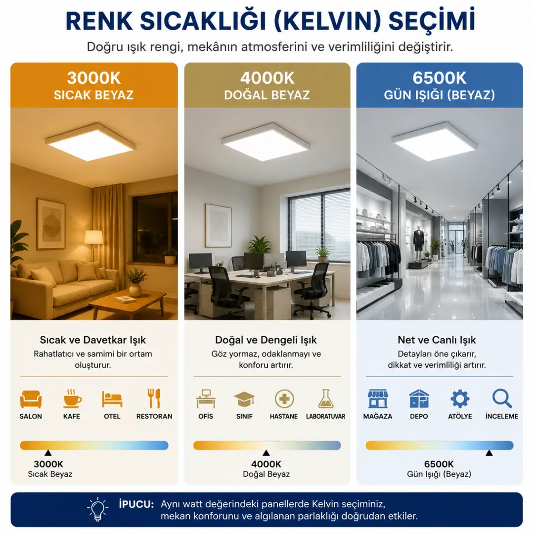 3000K 4000K ve 6500K LED panel ışık rengi karşılaştırması&nbsp;