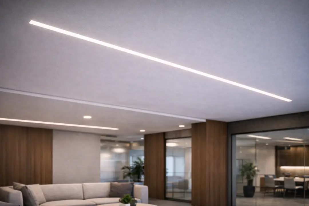 Alçıpan tavanda kesintisiz ışık hattı oluşturan, modern ve minimal tasarıma sahip sıva altı lineer aydınlatma uygulaması&nbsp;