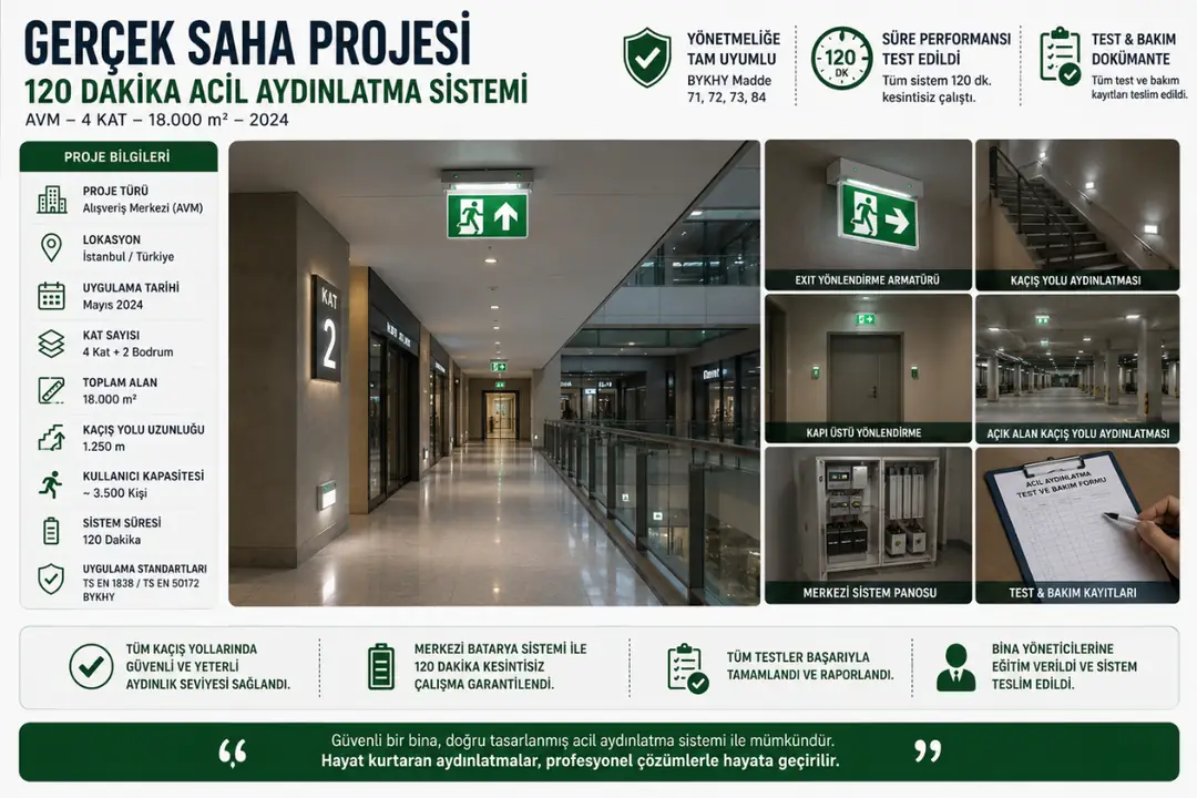 Fabrika ve ticari bina için uygulanmış acil aydınlatma sistemi&nbsp;