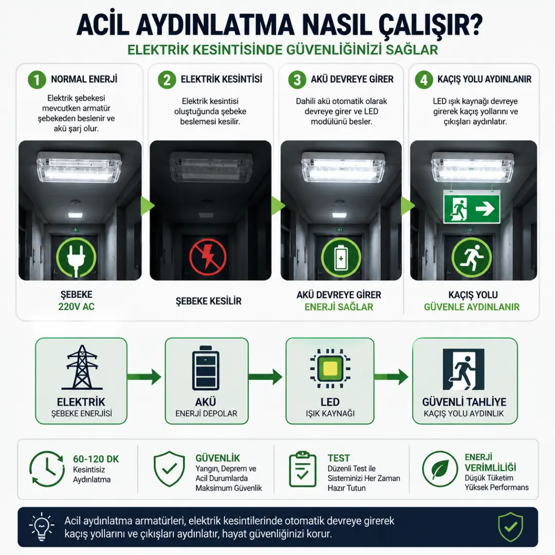 Acil aydınlatma armatürünün elektrik kesintisinde çalışma prensibi&nbsp;