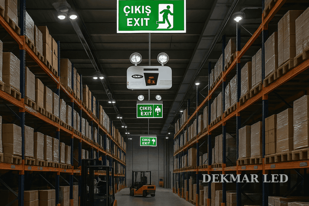 Pelsan acil durum aydınlatmaları depo ve lojistik merkez uygulaması, LED armatür ve yönlendirme tabelaları. 