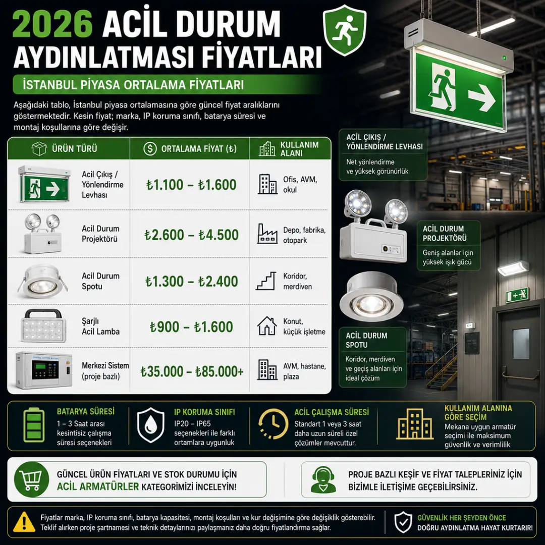 2026 acil durum aydınlatması fiyatları, acil çıkış levhası, projektör ve acil aydınlatma ürünleri karşılaştırma tablosu.&nbsp;