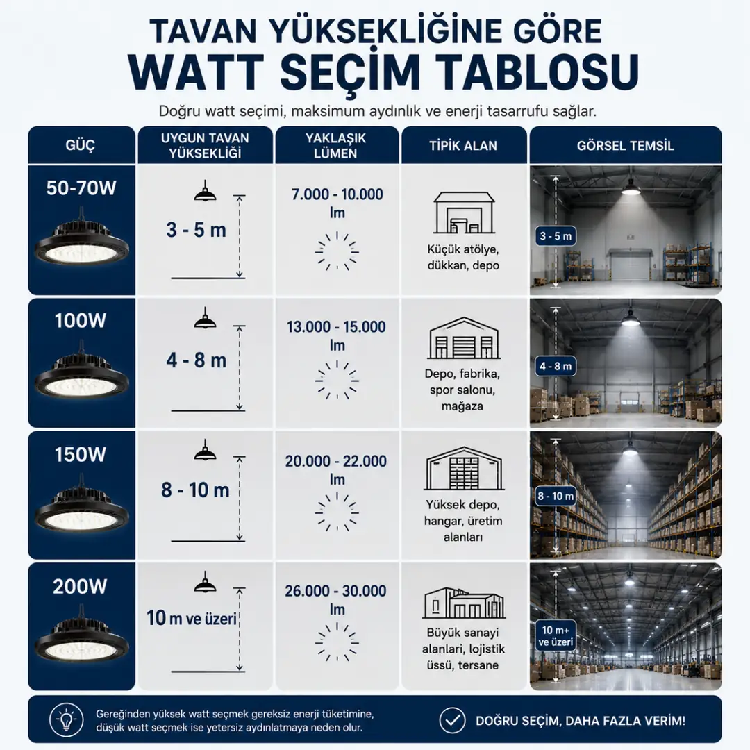 Tavan yüksekliğine göre 50W 100W 150W ve 200W armatür seçimi&nbsp;