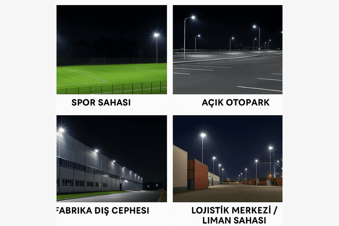 LED projektör dış mekan uygulama alanları – spor sahası, otopark, fabrika ve lojistik merkezleri. 