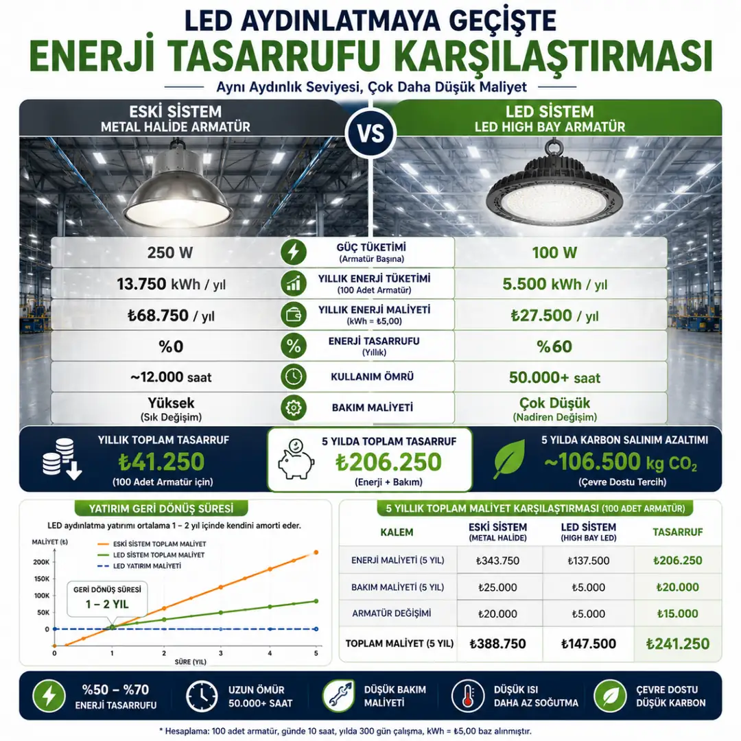 LED ve eski tip fabrika aydınlatması enerji maliyeti karşılaştırması&nbsp;