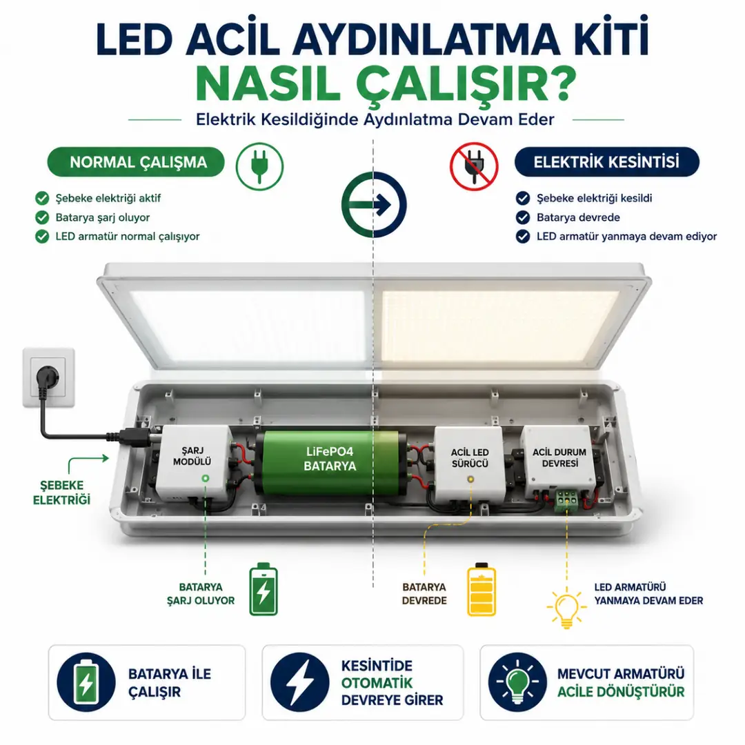LED acil aydınlatma kitinin elektrik kesintisinde çalışma prensibi&nbsp;