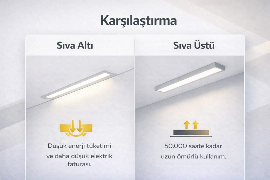 Sıva altı ve sıva üstü lineer aydınlatma karşılaştırması, montaj tipi, görünüm ve kullanım farklarını gösteren görsel.